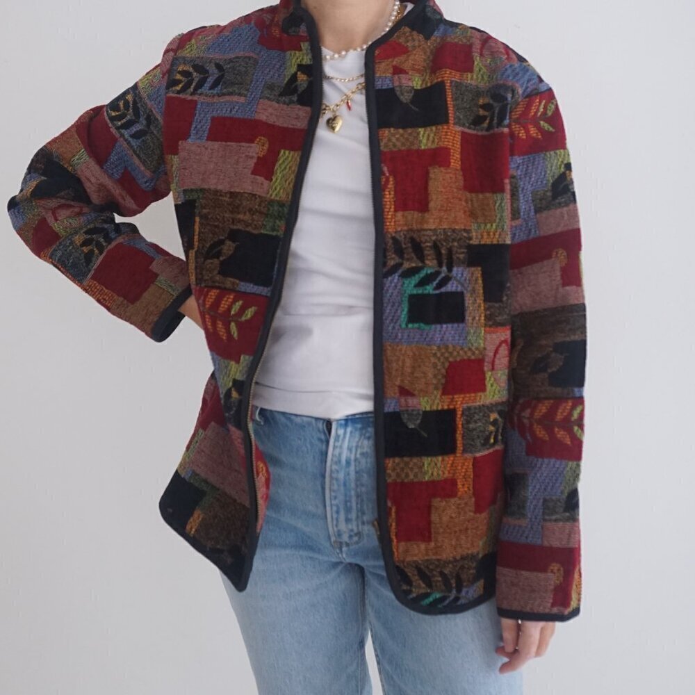 Vintage Tradition Country Collection Maroon Black Leaves Tapestry Zip Jacket L